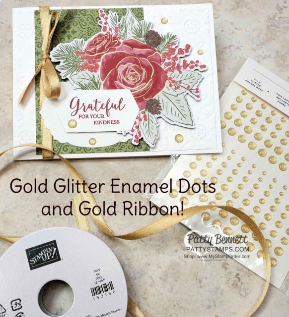 Christmastime is Here suite from Stampin Up - designer paper die cut with Roses die, Christmas Card idea featuring Tin Tile embossing folder Gold ribbon and Gold Glitter dots, by Patty Bennett www.PattyStamps.com