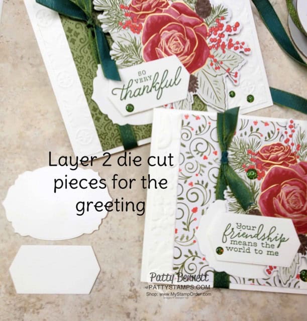 Christmastime is Here suite from Stampin Up - designer paper die cut with Roses die, Christmas Card idea featuring layered tag Rose Dies, by Patty Bennett www.PattyStamps.com