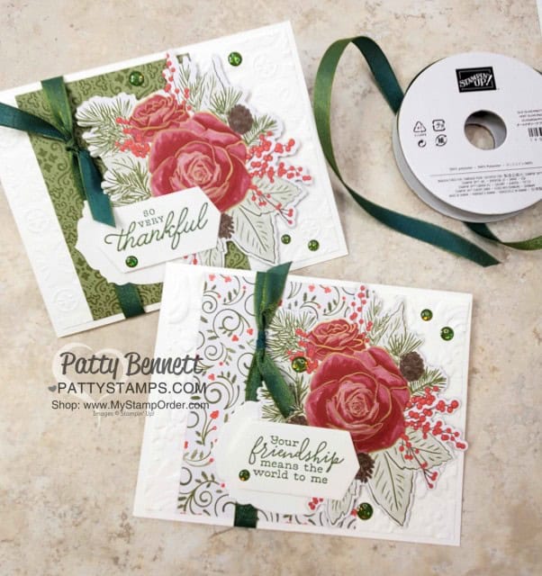 Christmastime is Here suite from Stampin Up - designer paper die cut with Roses die, Christmas Card idea featuring Toile Tidings Garden Green Glitter enamel dots and Peacock / Green ribbon by Patty Bennett www.PattyStamps.com