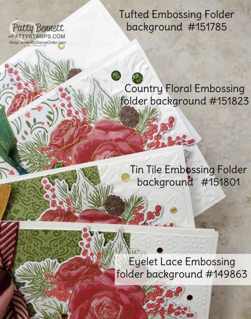 Christmastime is Here suite from Stampin Up - designer paper die cut with Roses die, Christmas Card idea featuring Tufted, Country Floral, Tin Tile and Eyelet Lace embossing folders, by Patty Bennett www.PattyStamps.com