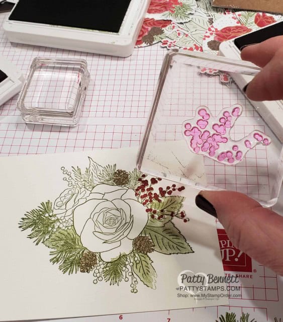Christmastime is Here suite from Stampin Up Christmas Rose stamp set - tips for stamping Christmas Card. By Patty Bennett www.PattyStamps.com