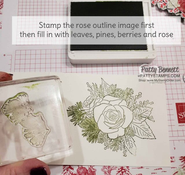 Christmastime is Here suite from Stampin Up Christmas Rose stamp set - tips for stamping Christmas Card. By Patty Bennett www.PattyStamps.com