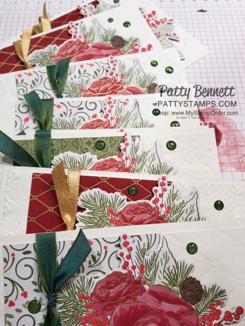 Christmastime is Here suite from Stampin Up - designer paper die cut with Roses die, Christmas Card idea featuring Toile Tidings Garden Green Glitter enamel dots by Patty Bennett www.PattyStamps.com