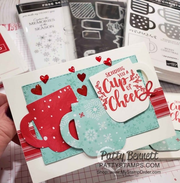 Stampin UP Cup of Christmas bundle Christmas Card Idea featuring Let it Snow designer paper and Epoxy Hearts colored with Stampin' Blends. by Patty Bennett www.PattyStamps.com