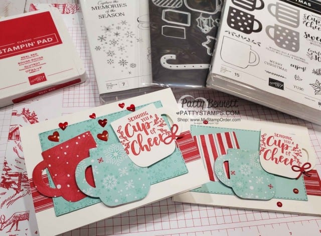 Stampin UP Cup of Christmas bundle Christmas Card Idea featuring Let it Snow designer paper and Epoxy Hearts colored with Stampin' Blends. by Patty Bennett www.PattyStamps.com
