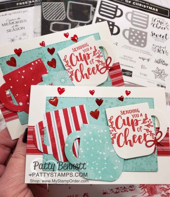 Stampin UP Cup of Christmas bundle Christmas Card Idea featuring Let it Snow designer paper and Epoxy Hearts colored with Stampin' Blends. by Patty Bennett www.PattyStamps.com
