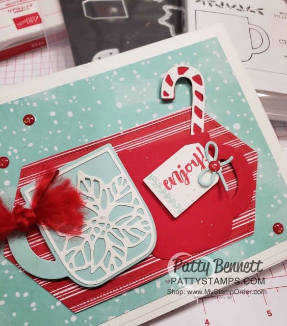 Stampin UP Cup of Cheer bundle Christmas Card Idea featuring Let it Snow designer paper and Stitched Nested Label dies by Patty Bennett www.PattyStamps.com