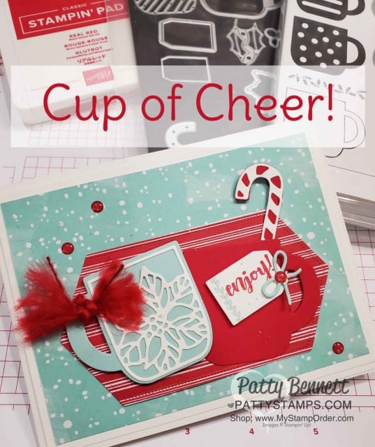 Stampin UP Cup of Cheer bundle Christmas Card Idea featuring Let it Snow designer paper and Stitched Nested Label dies by Patty Bennett www.PattyStamps.com