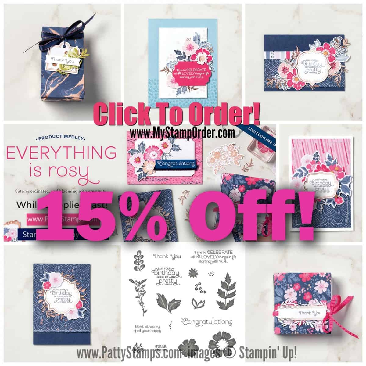Just Discounted! !5% off! Everything is Rosy Medley bundle of paper crafting and card making products available now while supplies last! www.PattyStamps.com