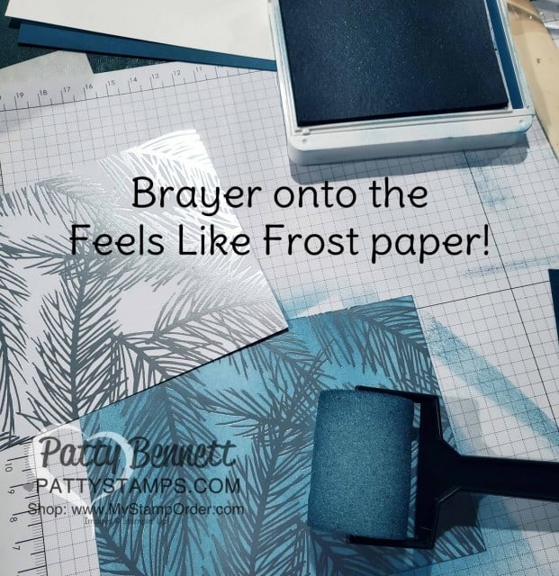 Feels Like Frost Stampin Up Designer paper brayered with Pretty Peacock ink and sponge brayer! Christmas or Holiday card idea features Frosted Frames dies and Frosted Foliage set. www.PattyStamps.com