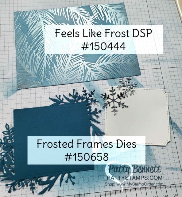 Feels Like Frost Stampin Up Designer paper brayered with Pretty Peacock ink and sponge brayer! Christmas or Holiday card idea features Frosted Frames dies and Frosted Foliage set. www.PattyStamps.com