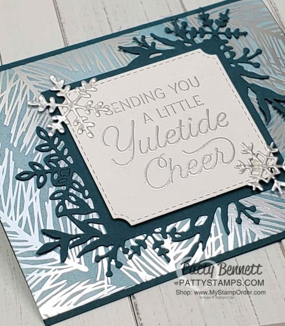 Feels Like Frost Stampin Up Designer paper brayered with Pretty Peacock ink and sponge brayer! Christmas or Holiday card idea features Frosted Frames dies and Frosted Foliage set and silver embossing powder. www.PattyStamps.com