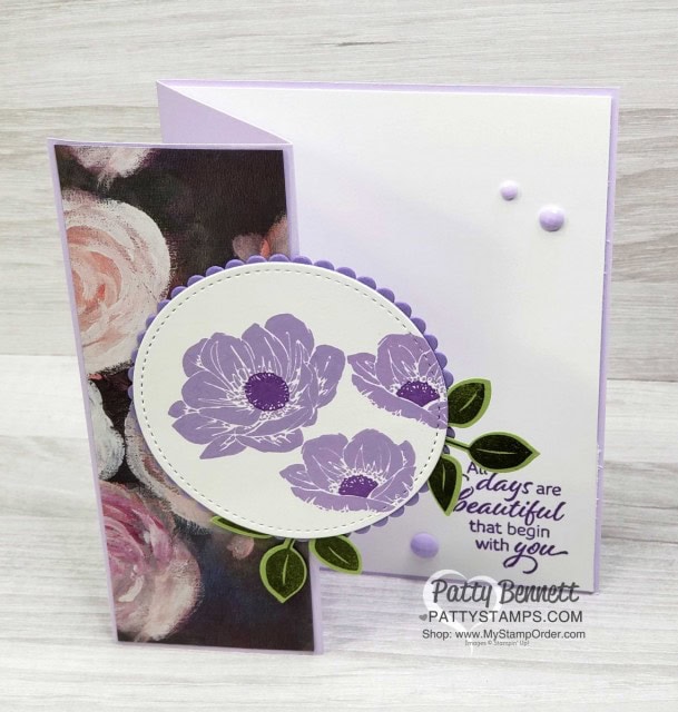 Z Fold Card featuring Stampin' UP! Floral Essence stamp set and Purple Posy ink, with Perennial Essence designer paper by Patty Bennett www.PattyStamps.com
