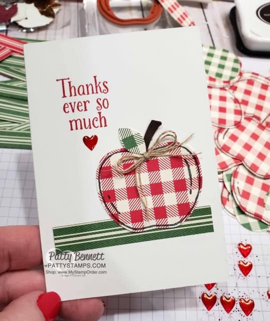 Thank You Note Card featuring Stampin' Up! Harvest Hellos apple stamped on red Toile Tidings gingham paper. Holiday Catalog 2019. Patty Bennett www.PattyStamps.com