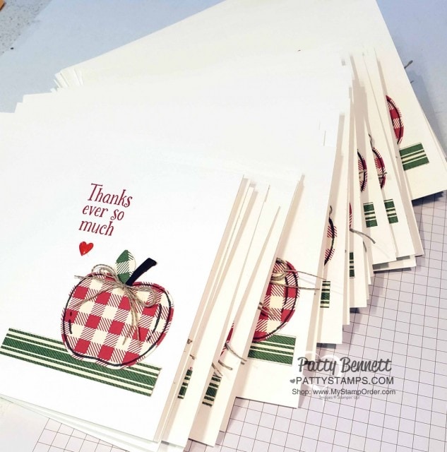Thank You Note Card featuring Stampin' Up! Harvest Hellos apple stamped on red Toile Tidings gingham paper. Holiday Catalog 2019. Patty Bennett www.PattyStamps.com
