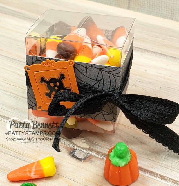Halloween Treat: Tiny Clear Treat Box from Stampin' Up! decorated with the Spooktacular Bash bundle, Monster Bash paper and Ornate Frames dies, by Patty Bennett www.PattyStamps.com
