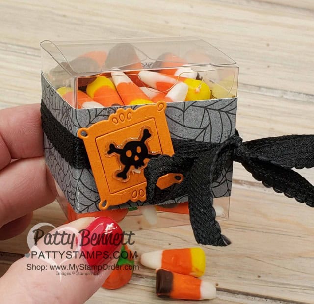Halloween Treat: Tiny Clear Treat Box from Stampin' Up! decorated with the Spooktacular Bash bundle, Monster Bash paper and Ornate Frames dies, by Patty Bennett www.PattyStamps.com