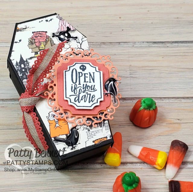 Halloween Treat: Coffin Box from Stampin' Up! decorated with the Spooktacular Bash bundle and Ornate Frames dies, by Patty Bennett www.PattyStamps.com