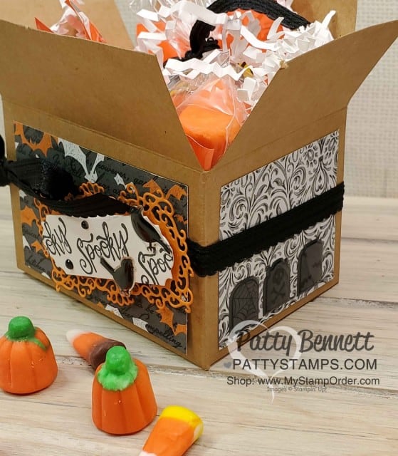 Halloween Treat: Stampin' UP! Shipping Box decorated with the Spooktacular Bash bundle, Monster Bash paper and Ornate Frames dies, by Patty Bennett www.PattyStamps.com