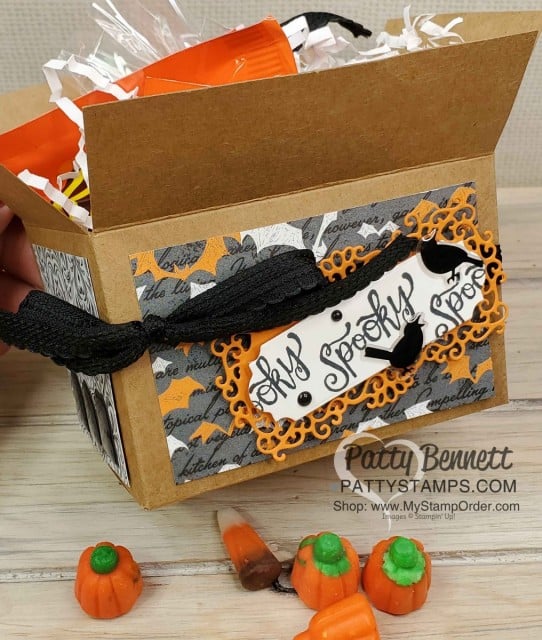 Halloween Treat: Stampin' UP! Shipping Box decorated with the Spooktacular Bash bundle, Monster Bash paper and Ornate Frames dies, by Patty Bennett www.PattyStamps.com