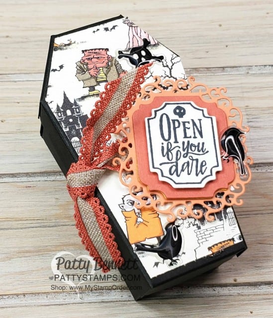 Halloween Treat: Coffin Box from Stampin' Up! decorated with the Spooktacular Bash bundle and Ornate Frames dies, by Patty Bennett www.PattyStamps.com