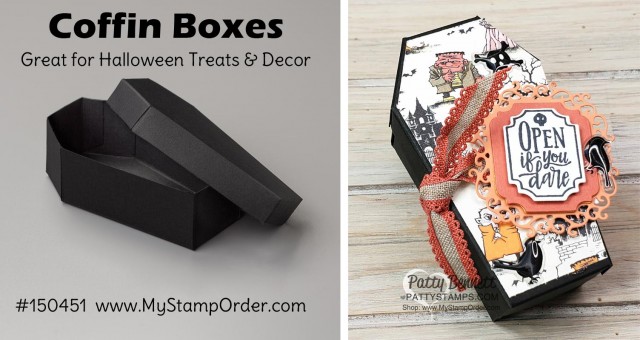 Halloween Treat: Coffin Box from Stampin' Up! decorated with the Spooktacular Bash bundle and Ornate Frames dies, by Patty Bennett www.PattyStamps.com