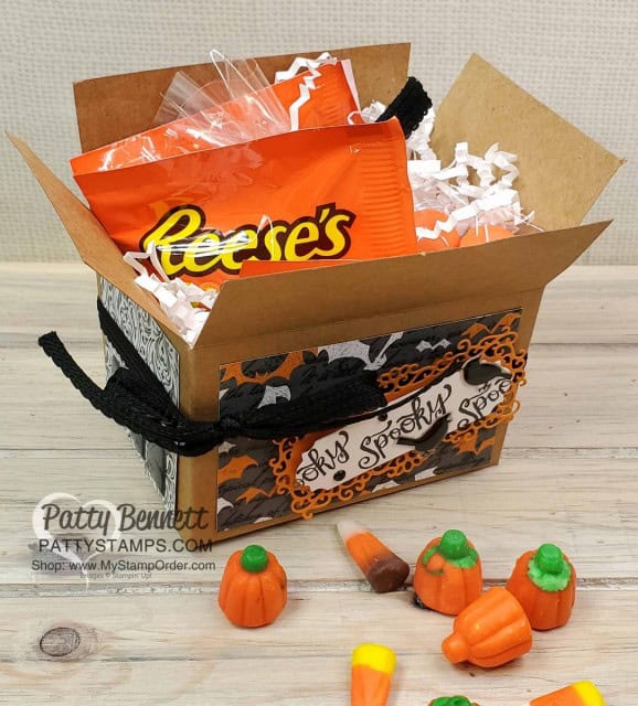 Halloween Treat: Stampin' UP! Shipping Box decorated with the Spooktacular Bash bundle, Monster Bash paper and Ornate Frames dies, by Patty Bennett www.PattyStamps.com