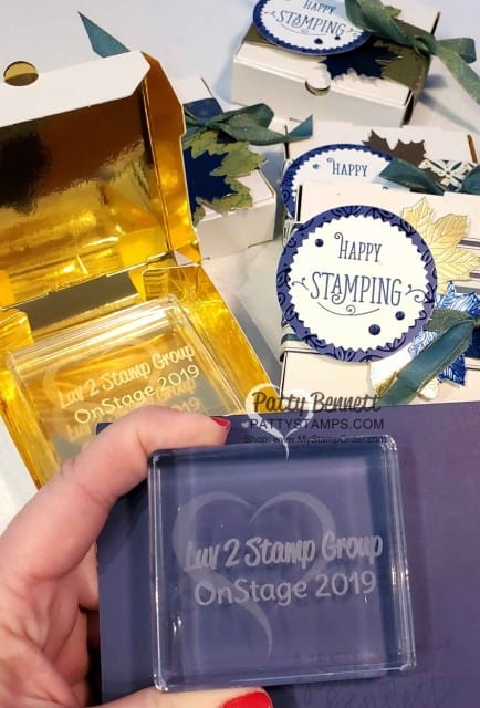 Decorated Gold Pizza Boxes with Stampin' Up! Gathered Leaves dies, Noble Peacock foil, and Brightly Gleaming designer paper by Patty Bennett for the Luv 2 Stamp Group. www.PattyStamps.com
