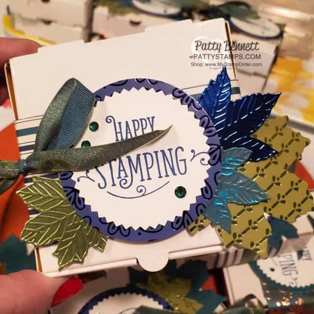Decorated Gold Pizza Boxes with Stampin' Up! Gathered Leaves dies, Noble Peacock foil, and Brightly Gleaming designer paper by Patty Bennett for the Luv 2 Stamp Group. www.PattyStamps.com