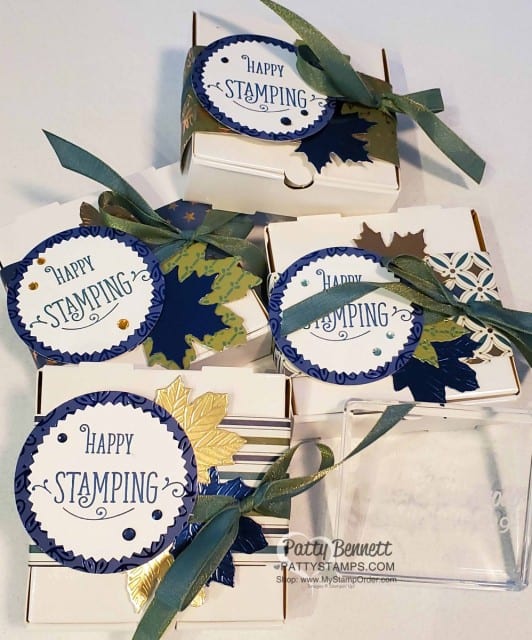Decorated Gold Pizza Boxes with Stampin' Up! Gathered Leaves dies, Noble Peacock foil, and Brightly Gleaming designer paper by Patty Bennett for the Luv 2 Stamp Group. www.PattyStamps.com
