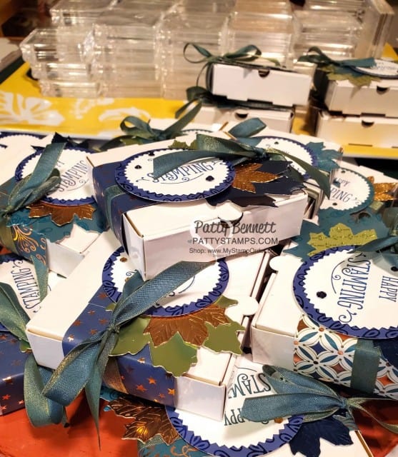 Decorated Gold Pizza Boxes with Stampin' Up! Gathered Leaves dies, Noble Peacock foil, and Brightly Gleaming designer paper by Patty Bennett for the Luv 2 Stamp Group. www.PattyStamps.com