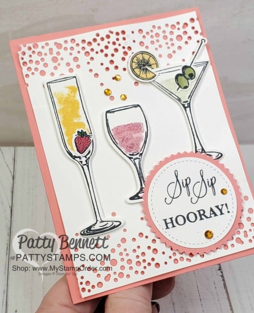 Stampin Up Sip Sip Hooray bundle #153045 - cheers to the New Year or celebrate card with wine, champagne and a martini! www.PattyStamps.com