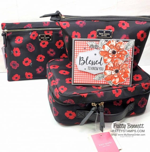 To a Wild Rose card stamped by Kurstan, in Poppy Parade matches the Kate Spade cosmetic bag ensemble gift!! Stampin Up black enamel shapes are perfect flower centers!
