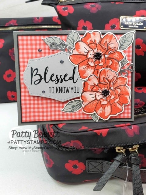 To a Wild Rose card stamped by Kurstan, in Poppy Parade matches the Kate Spade cosmetic bag ensemble gift!! Stampin Up black enamel shapes are perfect flower centers!