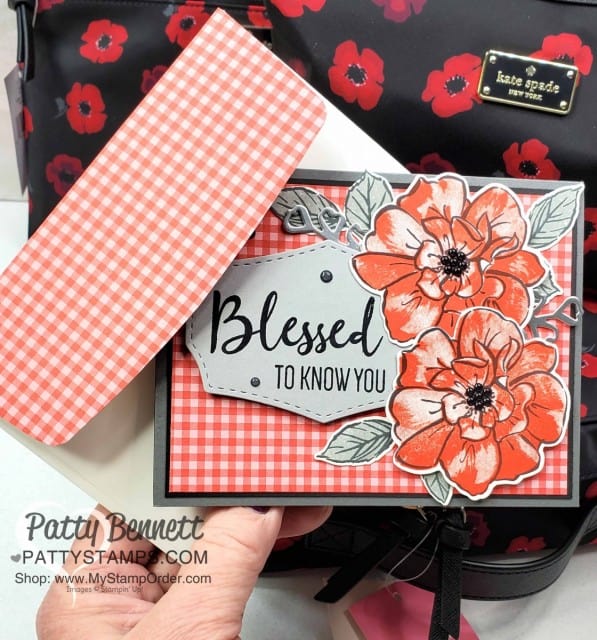 To a Wild Rose card stamped by Kurstan, in Poppy Parade matches the Kate Spade cosmetic bag ensemble gift!! Stampin Up black enamel shapes are perfect flower centers!