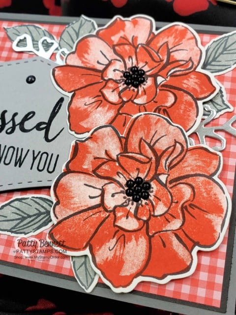 To a Wild Rose card stamped by Kurstan, in Poppy Parade matches the Kate Spade cosmetic bag ensemble gift!! Stampin Up black enamel shapes are perfect flower centers!