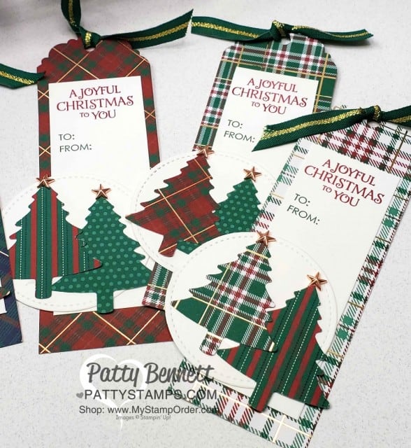 Wrapped in Plaid suite to / from Christmas tag idea featuring Stampin Up tree punch and copper stars, by Patty Bennett www.PattyStamps.com