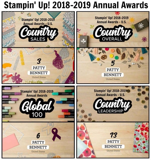 Stampin' UP! Annual Demonstrator Awards 2018-2019 Patty Bennett US and Global awards. www.PattyStamps.com