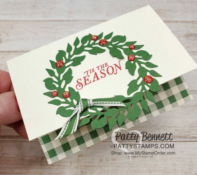 All-Around Wreath Dies Christmas card idea, featuring Toile Tidings Glitter Enamel Dots as berries. www.PattyStamps.com