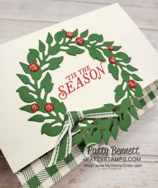 All-Around Wreath Dies Christmas card idea, featuring Toile Tidings Glitter Enamel Dots as berries. www.PattyStamps.com