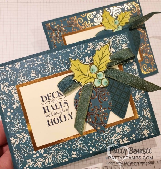 Christmas Card idea featuring Stampin Up Brightly Gleaming designer paper, Christmas Gleaming ornament punches, and Copper Foil embellishments. www.PattyStamps.com