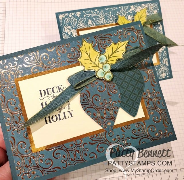 Christmas Card idea featuring Stampin Up Brightly Gleaming designer paper, Christmas Gleaming ornament punches, and Copper Foil embellishments. www.PattyStamps.com