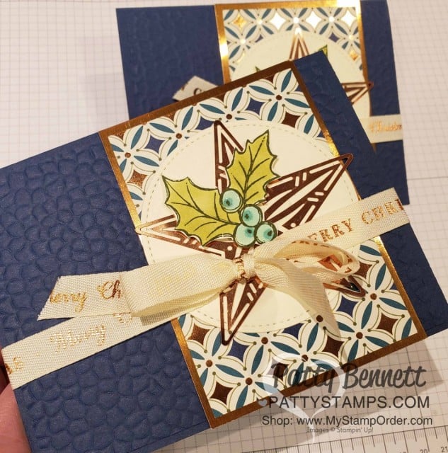 Christmas Card idea featuring Stampin Up Brightly Gleaming designer paper, Hammered Metal embossing folder and Copper Foil Stars. www.PattyStamps.com