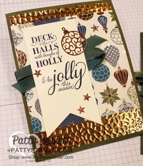 Christmas Card idea featuring Stampin Up Brightly Gleaming designer paper, Hammered Metal embossing folder and Copper Foil Stars. www.PattyStamps.com