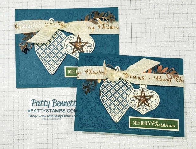 Christmas Card idea featuring Stampin Up Brightly Gleaming designer paper, Christmas Gleaming ornament punches, and Copper Foil embellishments. www.PattyStamps.com