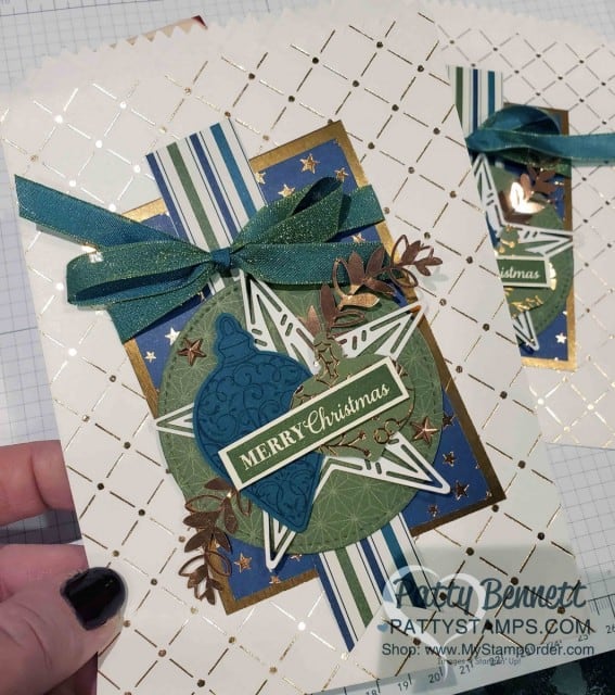 Christmas gift packaging idea featuring Stampin Up Copper Dotted Treat Bag, Brightly Gleaming designer paper, Christmas Gleaming ornament punch, and Copper Foil Star embellishments. www.PattyStamps.com