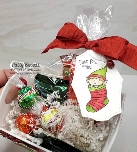 DIY Christmas Neighbor or Teacher gift idea. Decorate a small container with Stampin Up Let it Snow designer paper and embellish with #Elfie stamps and color with Stampin Blends markers. www.PattyStamps.com