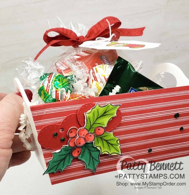 DIY Christmas Neighbor or Teacher gift idea. Decorate a small container with Stampin Up Let it Snow designer paper and embellish with holly stamps and color with Stampin Blends markers. www.PattyStamps.com