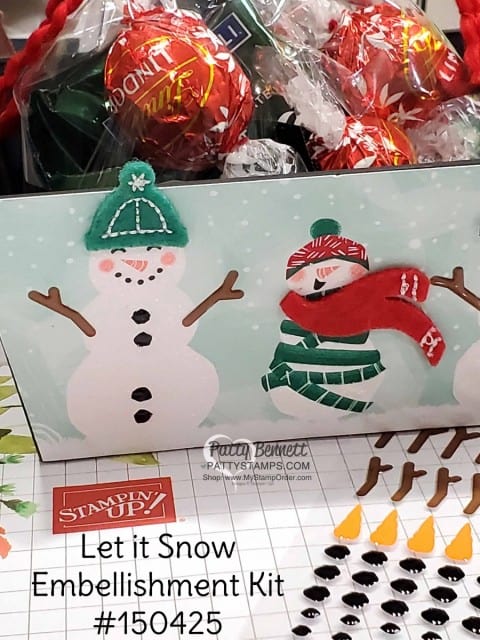 DIY Christmas Neighbor or Teacher gift idea. Decorate a small container with Stampin Up Let it Snow designer paper and embellish with Snowman images. www.PattyStamps.com