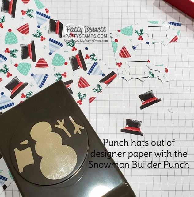 Stampin UP Snowman Builder Punch works great with printed images on the Let it Snow designer paper! Punch out the snowman hat to add to your DIY Christmas projects. www.PattyStamps.com